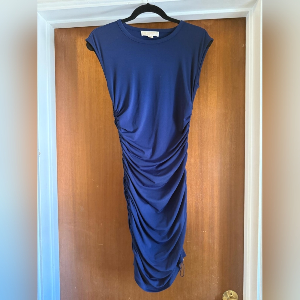 Michael Kors Blue Ruched Midi Dress